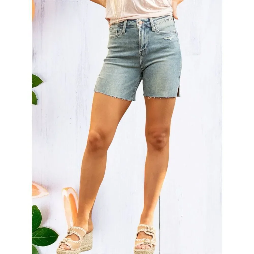 Judy Blue High Rise Side Slit Shorts Vintage Wash Raw Hem Stretch Denim NWT